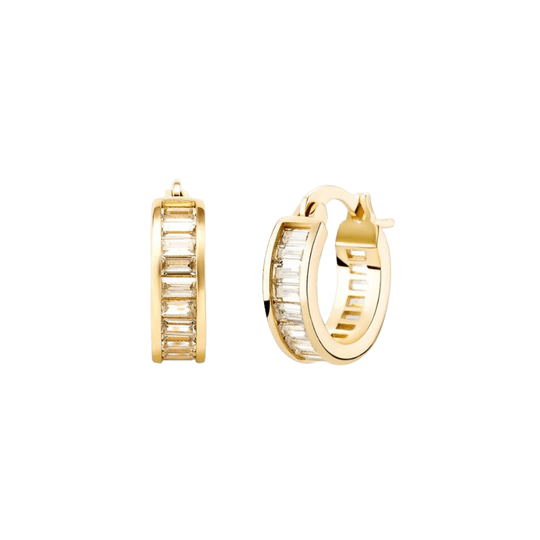 14K Gold Baguette Earrings, featuring elegant baguette-cut stones set in a classic gold setting, perfect for a sophisticated look.