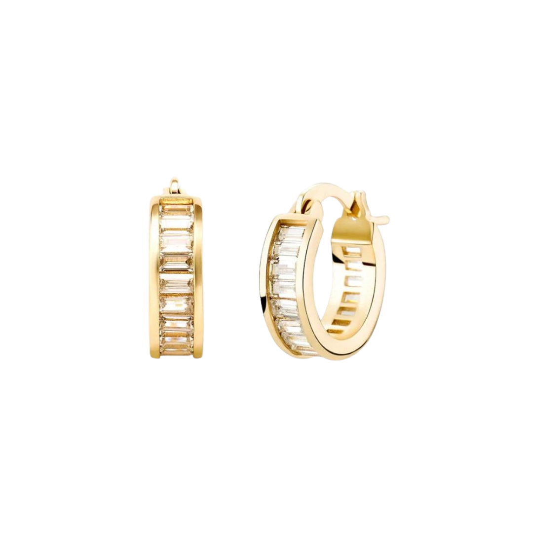 14K Gold Baguette Earrings, featuring elegant baguette-cut stones set in a classic gold setting, perfect for a sophisticated look.