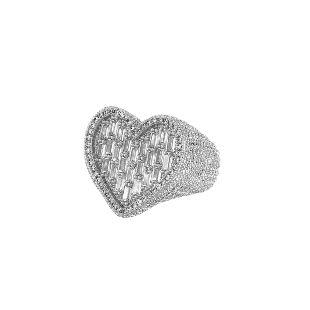 White gold baguette heart ring with a shimmering heart-shaped design, featuring intricate baguette-cut gemstones set in a sleek band.