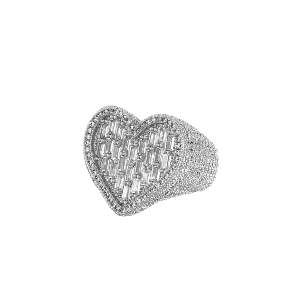 White gold baguette heart ring with a shimmering heart-shaped design, featuring intricate baguette-cut gemstones set in a sleek band.