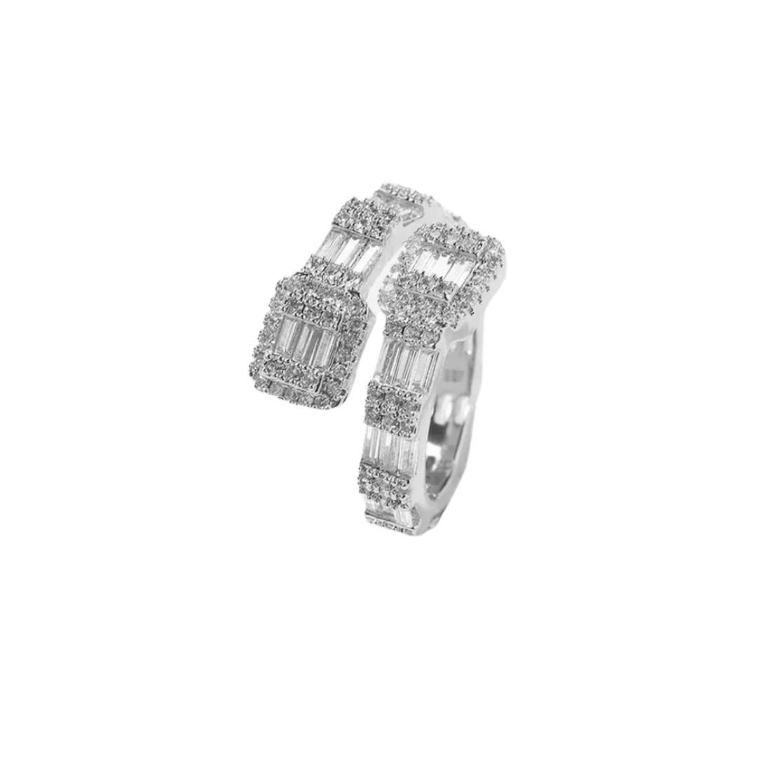 White gold baguette ring with a series of radiant baguette-cut diamonds or gemstones set in a sleek, polished band.