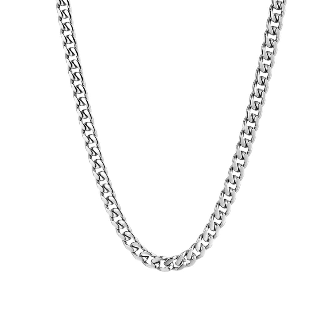 Premium 925 Sterling Silver Cuban Link Chain coated in White Gold, 6MM thickness. Features a bold, high-polish finish for an upscale, luxury look.