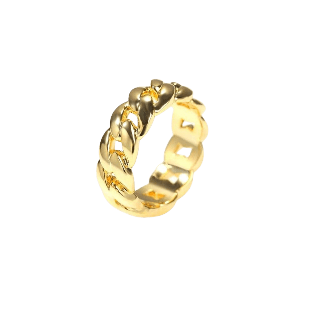 Stunning Cuban Link Ring in 18K Gold, featuring a luxurious design with high-quality, polished gold links for a bold statement piece.