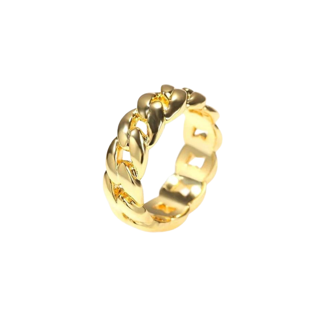 Stunning Cuban Link Ring in 18K Gold, featuring a luxurious design with high-quality, polished gold links for a bold statement piece.