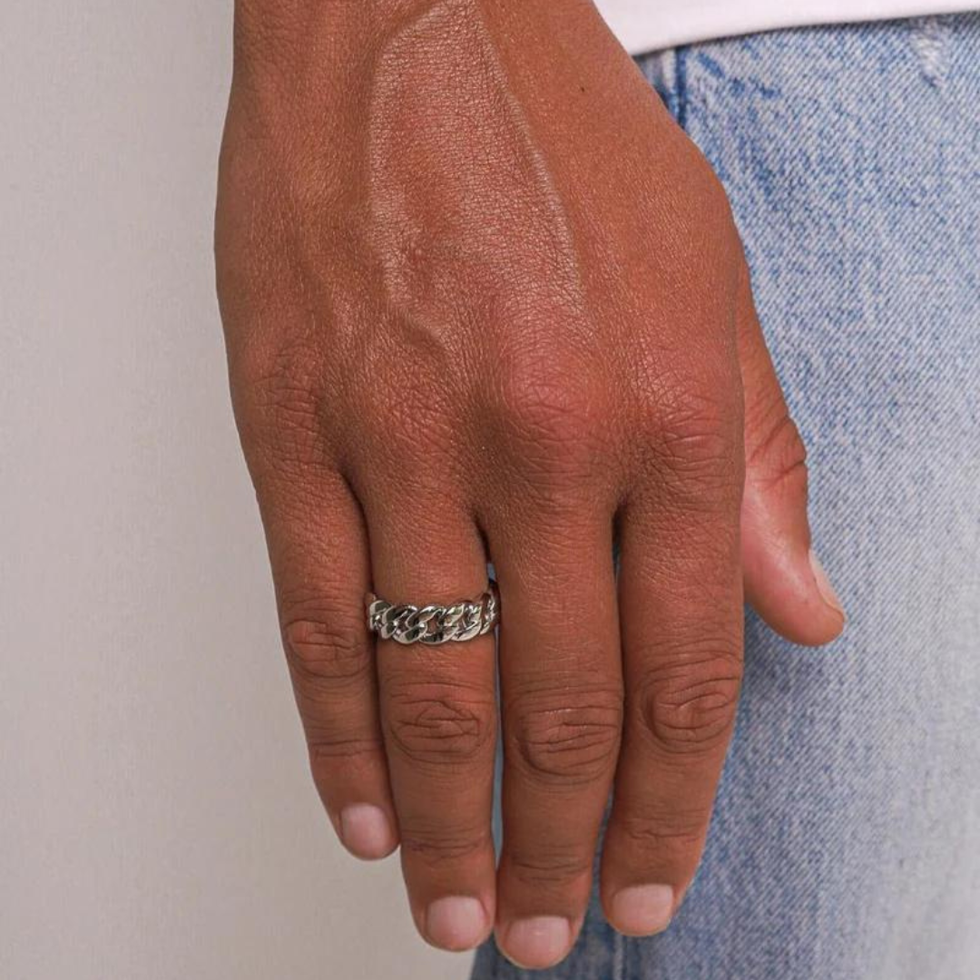 Men model showcasing a stylish White Gold Cuban Link Ring, adding a refined and high-end touch to his outfit.