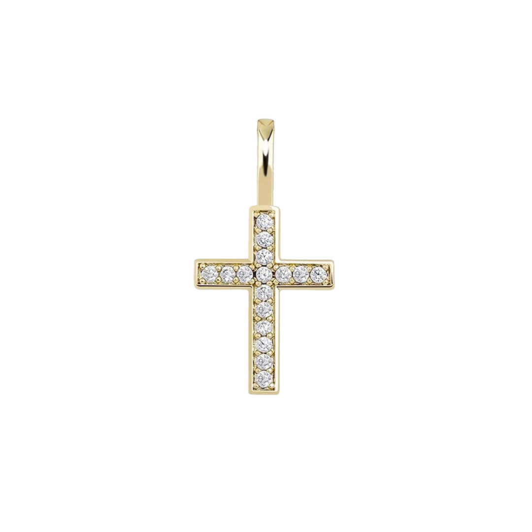 Exquisite Divine Cross Pendant made of 925 Sterling Silver with a 14K Gold finish. Features intricate detailing and a luxurious, polished design.