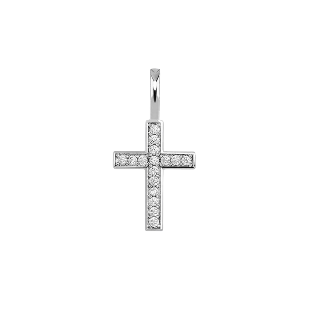 Divine Cross Pendant crafted from 925 Sterling Silver with a White Gold finish. Features intricate detailing and a polished, high-end design perfect for a luxurious look.