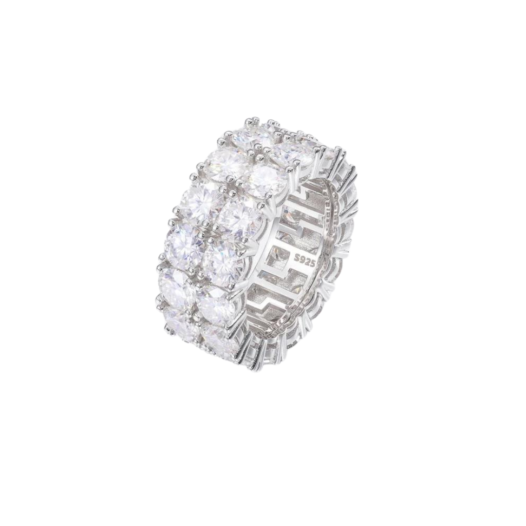 Elegant Double Eternity Ring made from 925 Sterling Silver with a White Gold finish and adorned with sparkling Moissanite stones. Features a high-polish design for a sophisticated, luxurious look.