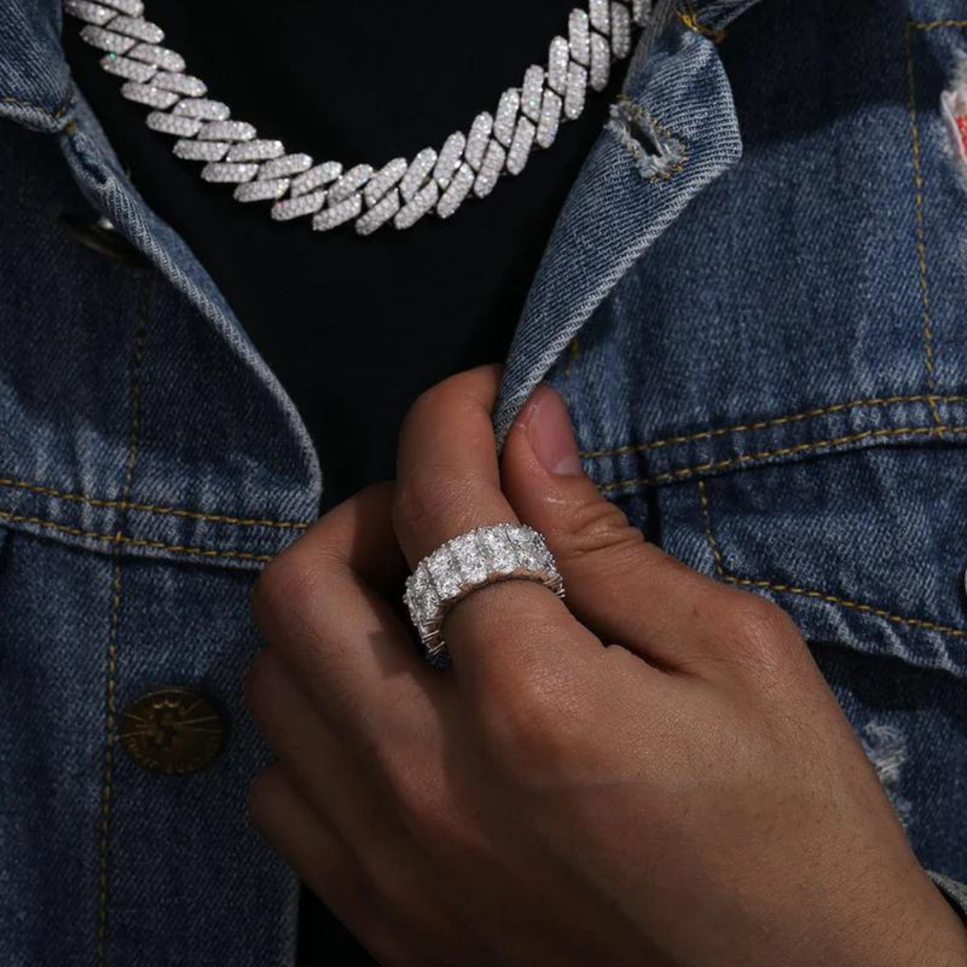 Men's model wearing the Double Eternity Ring in 925 Sterling Silver with a White Gold finish and Moissanite stones, showcasing a refined and luxurious hip hop style.