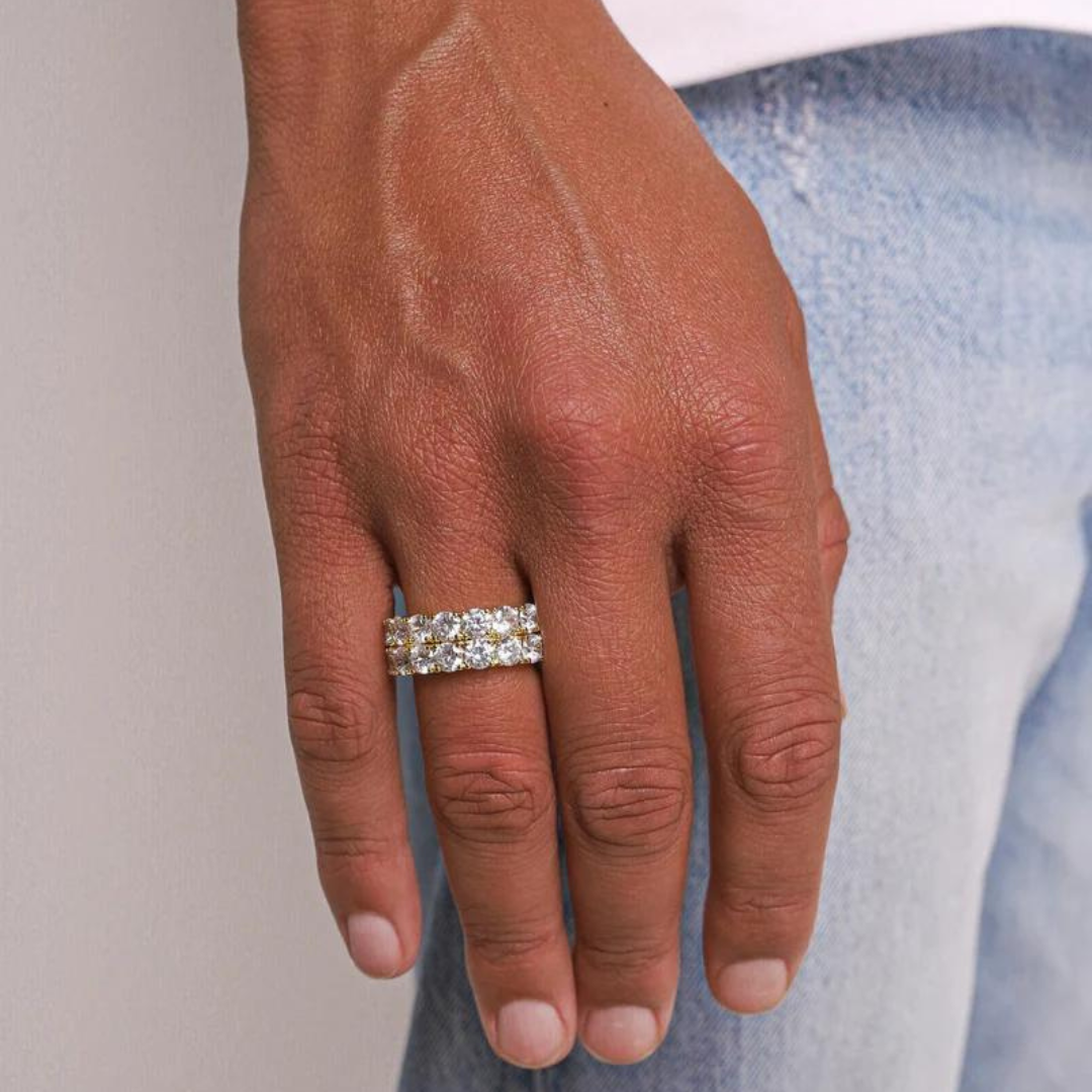 Men's model showcasing the Double Row Eternity Ring in White Gold, highlighting a bold and sophisticated accessory with a luxurious design.