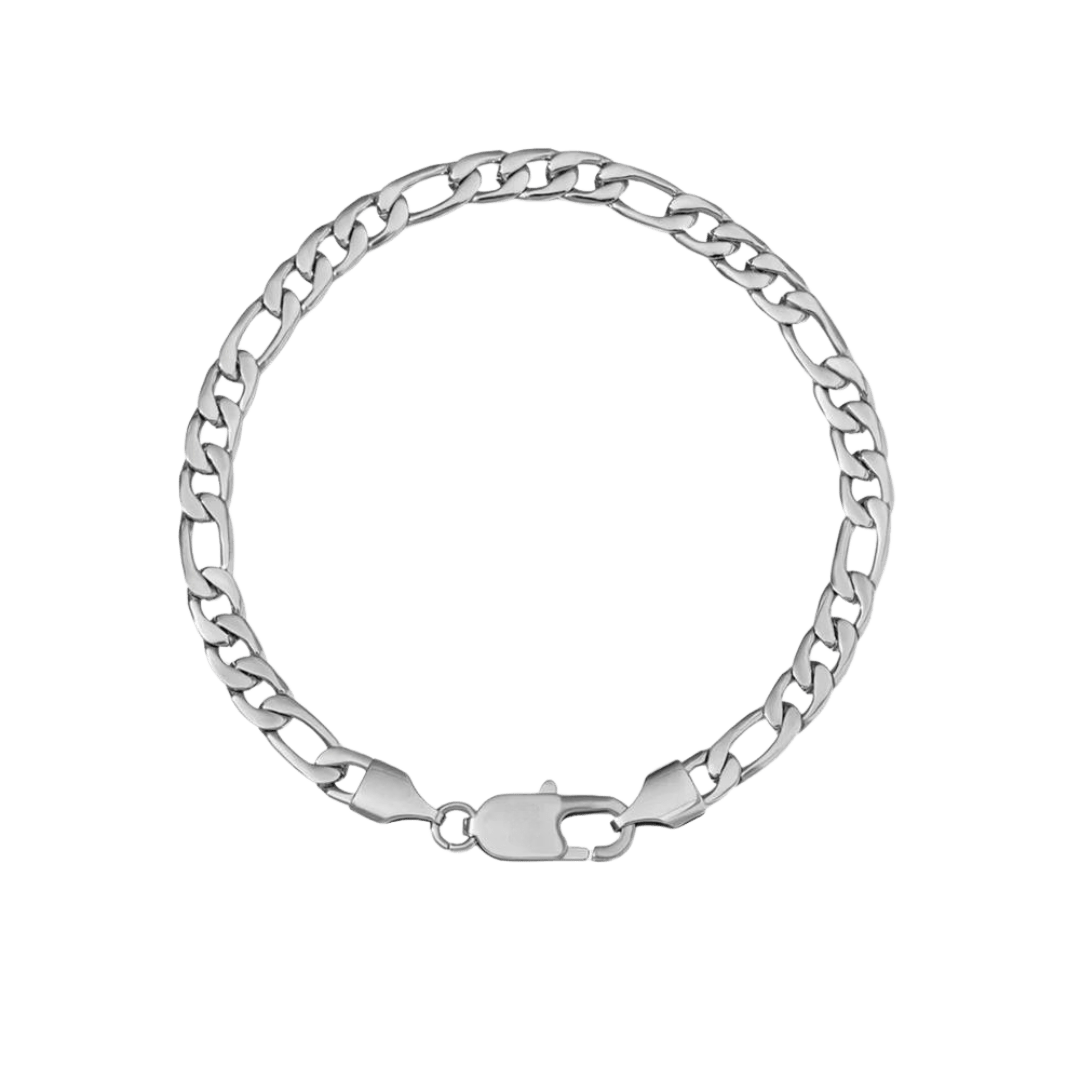 Elegant Figaro Bracelet made from 925 Sterling Silver with a White Gold finish, featuring 5MM links for a sleek and luxurious design.