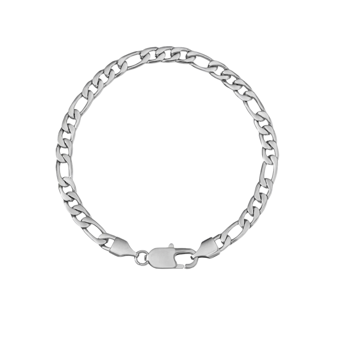 Elegant Figaro Bracelet made from 925 Sterling Silver with a White Gold finish, featuring 5MM links for a sleek and luxurious design.