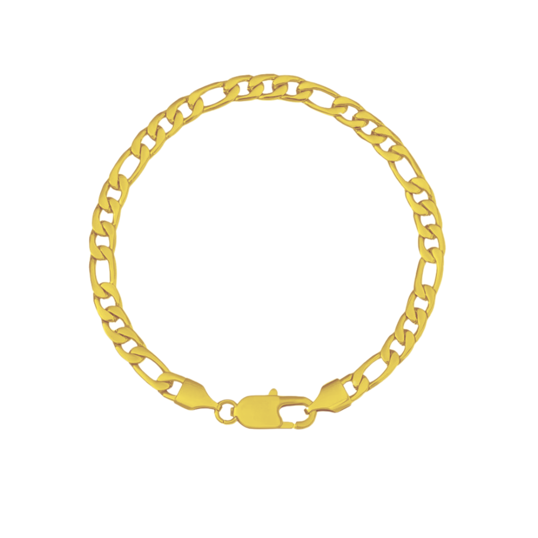 Stylish Figaro Bracelet made from 925 Sterling Silver with a 14K Gold finish, featuring 5MM links for a sleek, luxurious design.