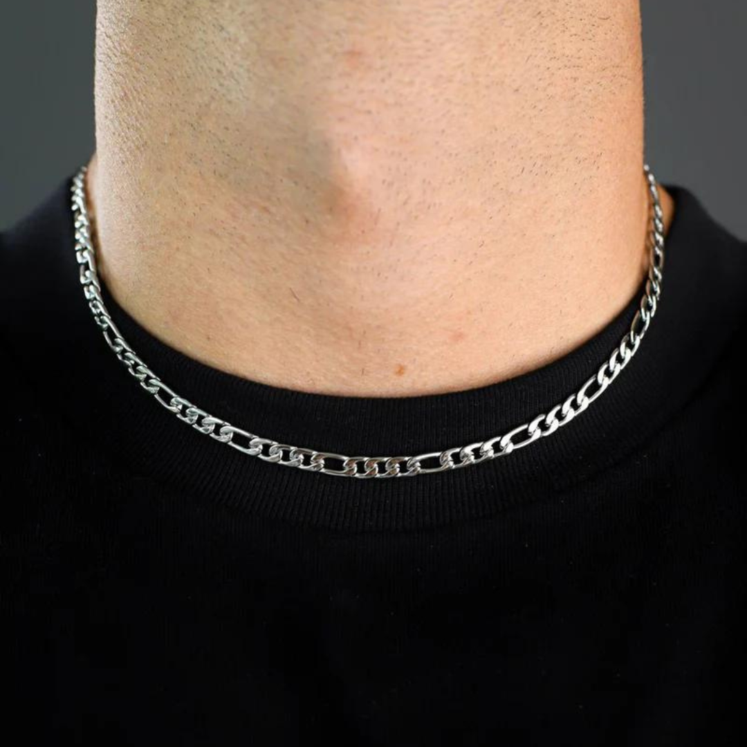 Men's model showcasing the Figaro Chain in White Gold, featuring 5MM links for a sophisticated and elegant accessory.