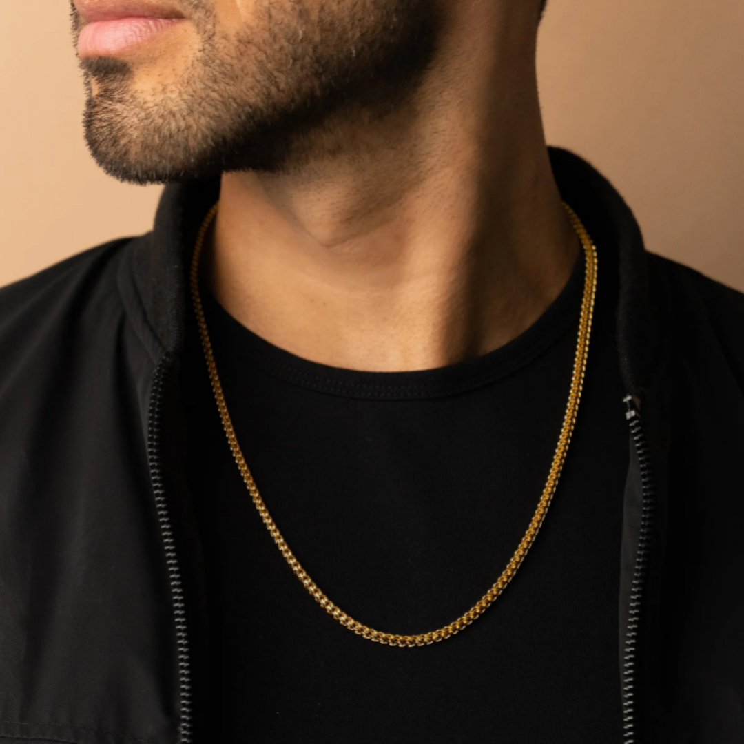 Men's model showcasing the Franco Chain in 18K Gold, featuring 3MM links for a refined and stylish luxury accessory.