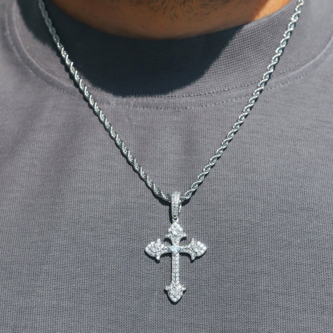 Men's model showcasing the Gothic Cross Pendant in White Gold, featuring detailed craftsmanship and a bold design that adds a refined, edgy touch to his style.