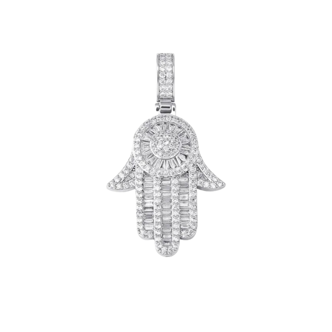 Elegant Hamsa Pendant crafted from 925 Sterling Silver with a White Gold finish, featuring intricate detailing and a high-polish design for a sophisticated and protective charm.