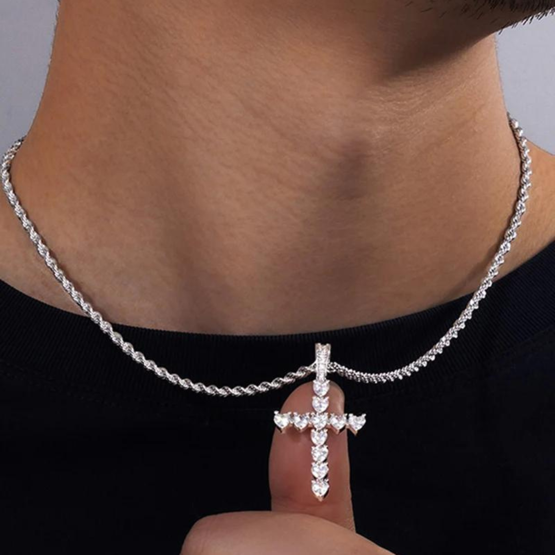 Men's model showcasing the Heart Cross Pendant in White Gold, featuring a refined and stylish design that blends heart and cross motifs for a sophisticated touch.