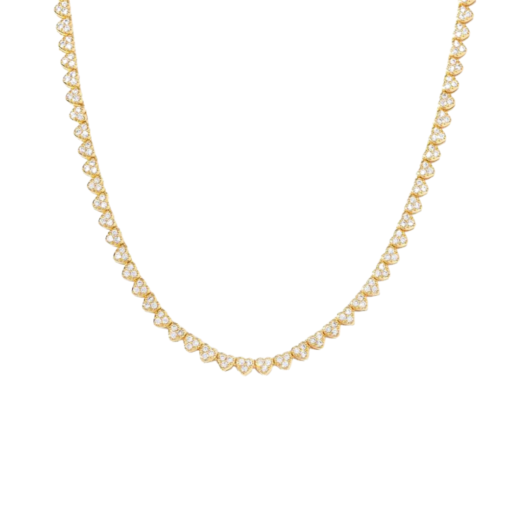 Stunning Heart Tennis Chain crafted in 18K Gold, featuring 4MM links with heart-shaped details for a luxurious and eye-catching design.