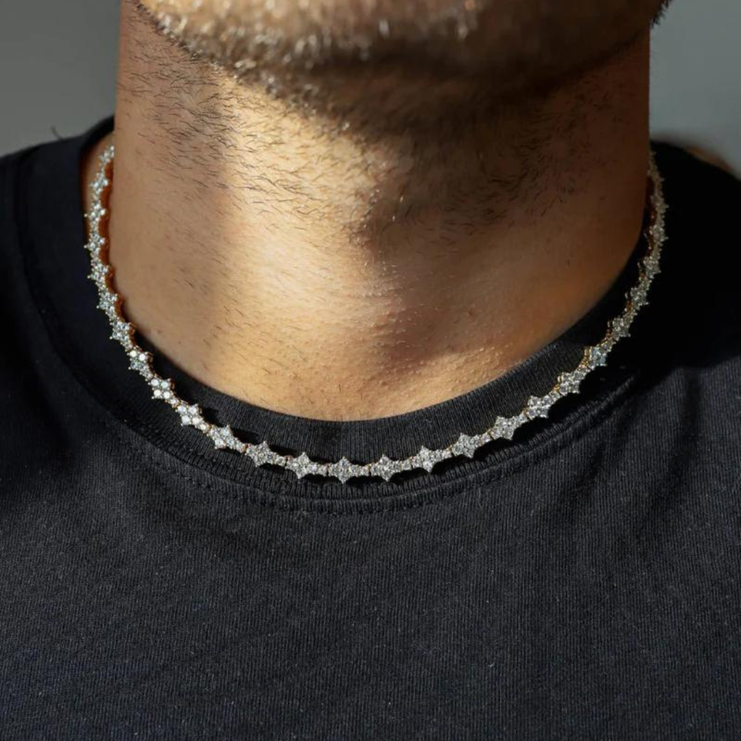 Men's model showcasing the Honeycomb Chain in 18K Gold, featuring 3MM links with a distinctive honeycomb pattern for a stylish and sophisticated accessory