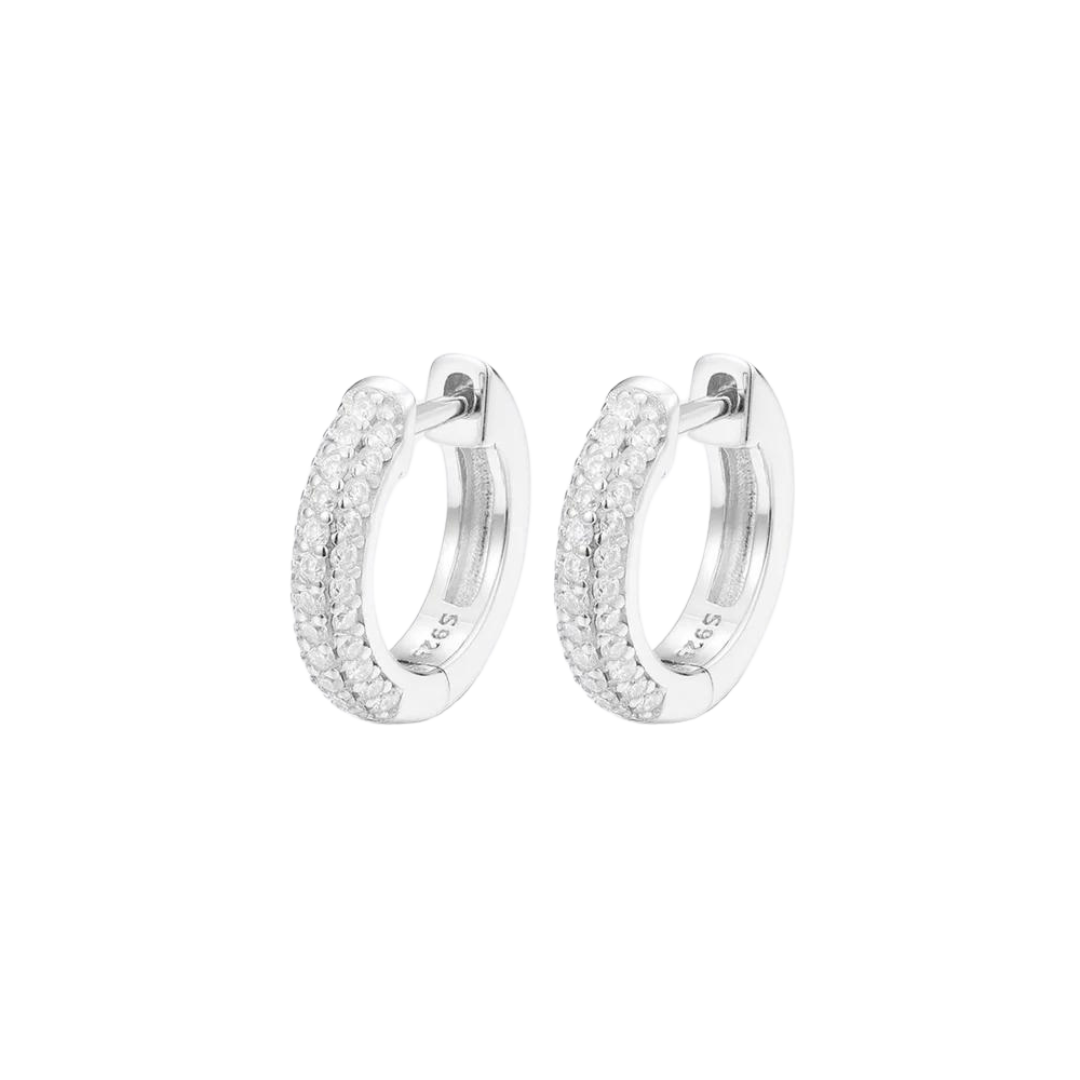 Elegant Hoop Earrings crafted from 925 Sterling Silver with a White Gold finish and adorned with Moissanite stones, featuring a sleek and luxurious design with brilliant sparkle.