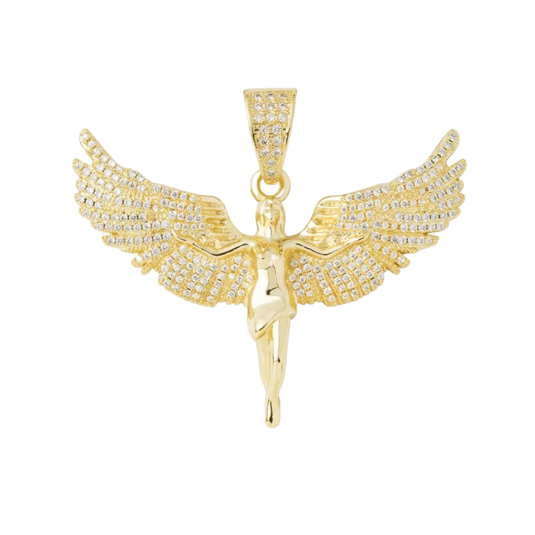 Stunning Iced Angel Pendant crafted in 18K Gold, featuring intricate detailing and dazzling gemstone embellishments for a luxurious and eye-catching design.