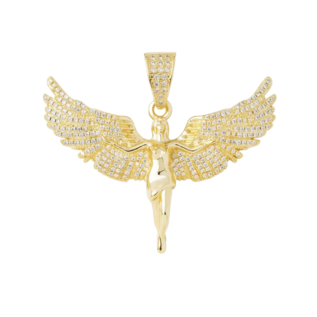 Stunning Iced Angel Pendant crafted in 18K Gold, featuring intricate detailing and dazzling gemstone embellishments for a luxurious and eye-catching design.