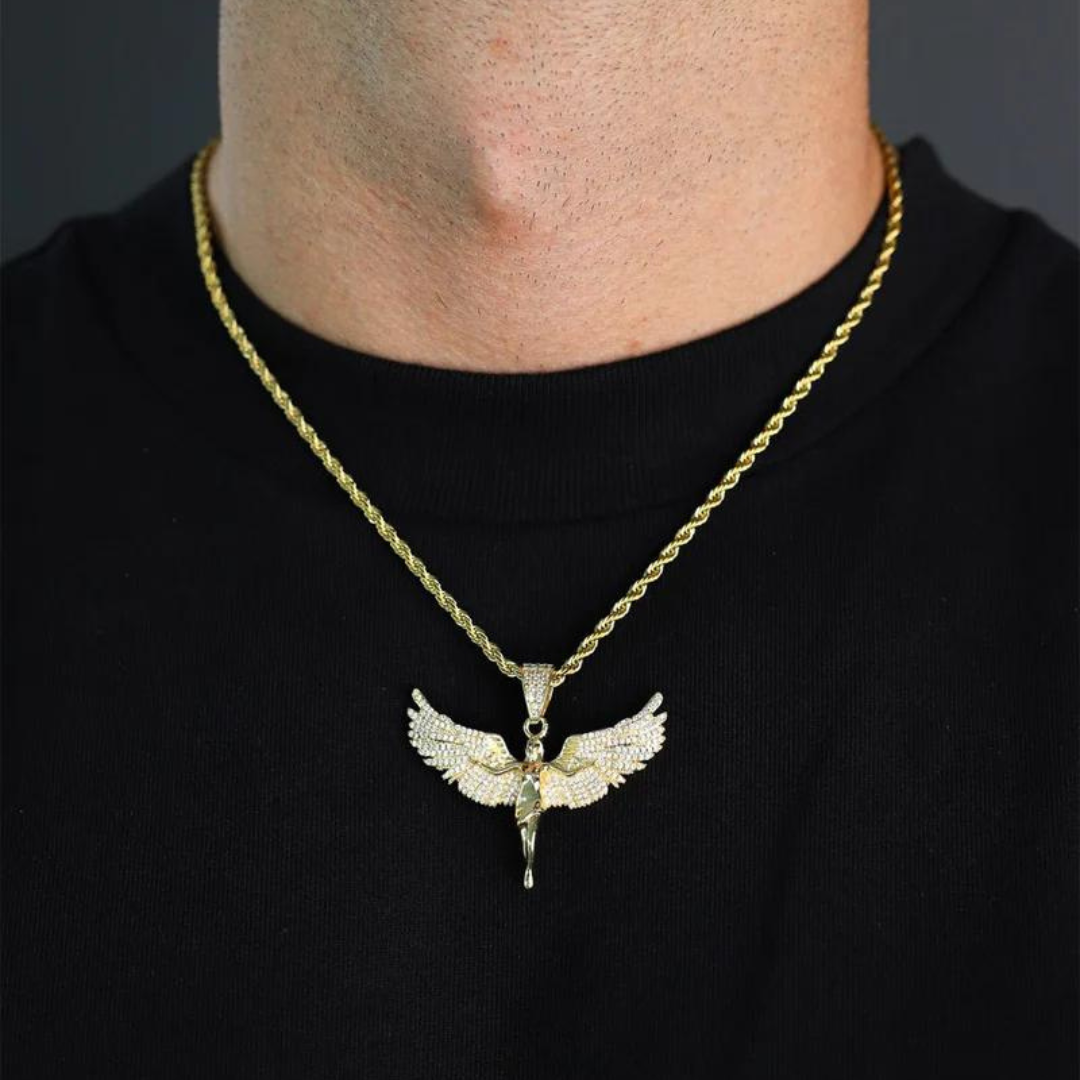 Men's model showcasing the Iced Angel Pendant in 18K Gold, featuring detailed craftsmanship and sparkling gemstones for a bold and sophisticated accessory.