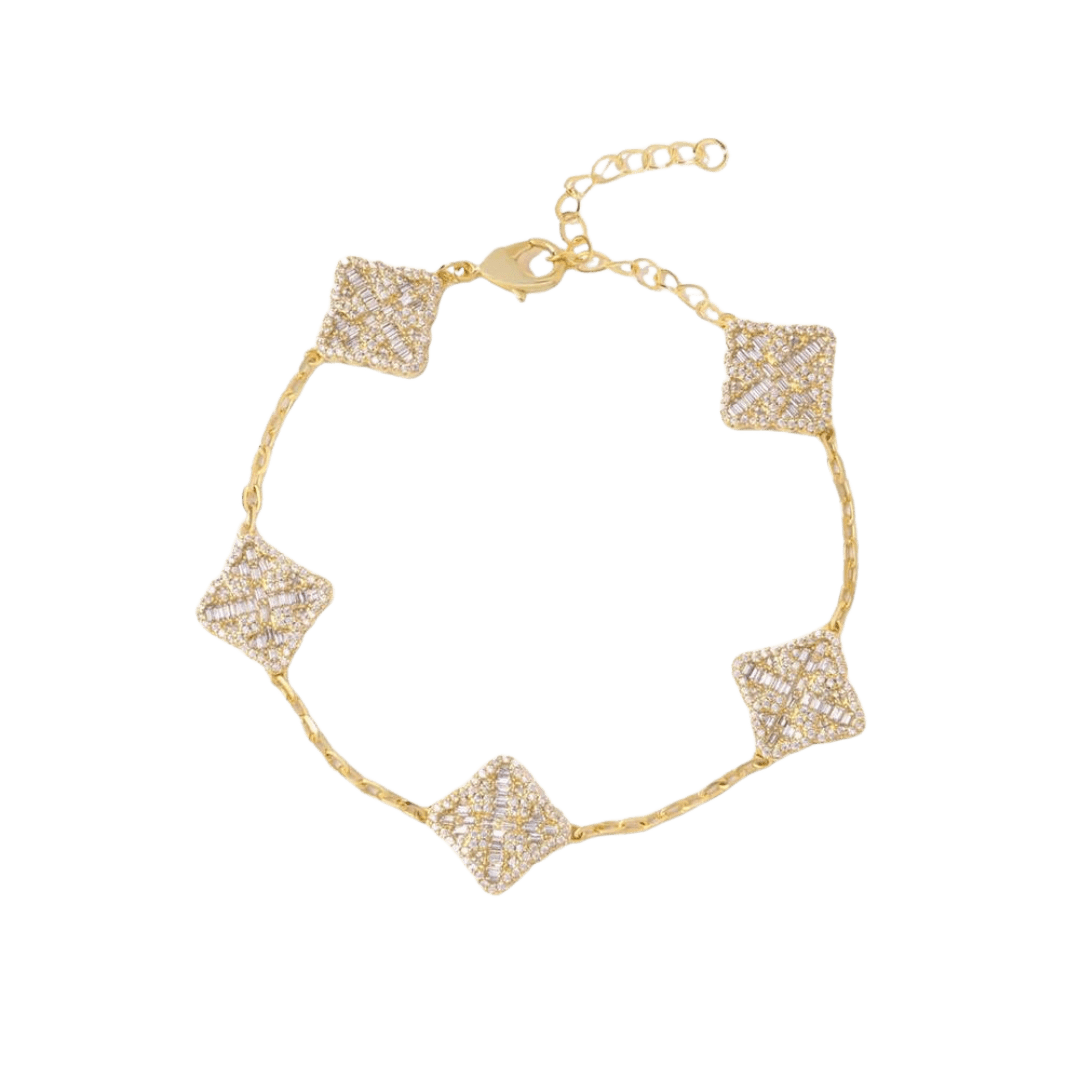 Exquisite Iced Clover Bracelet crafted in 18K Gold, featuring a unique clover design with brilliant gemstone embellishments for a luxurious and eye-catching accessory.