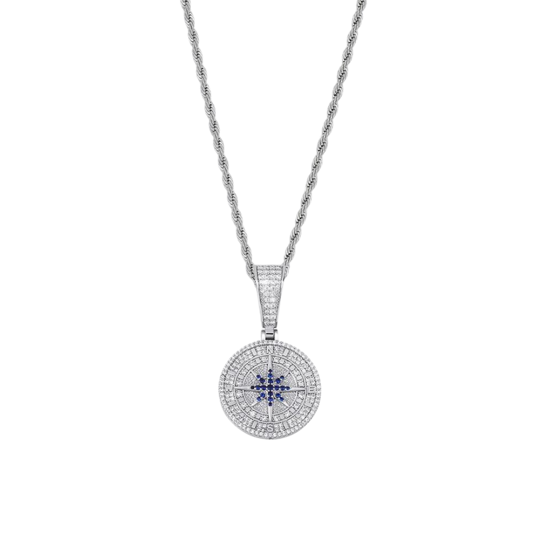 Sleek Iced Compass Pendant crafted in White Gold, featuring intricate detailing and sparkling gemstones for a luxurious and eye-catching design.