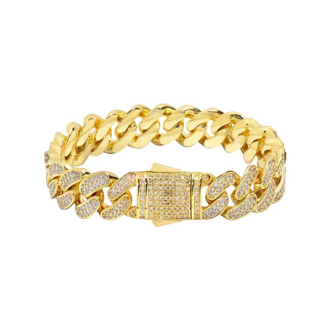 Bold Iced Cuban Link Bracelet crafted in 18K Gold with 12MM links, featuring intricate detailing and dazzling gemstones for a luxurious and standout accessory.