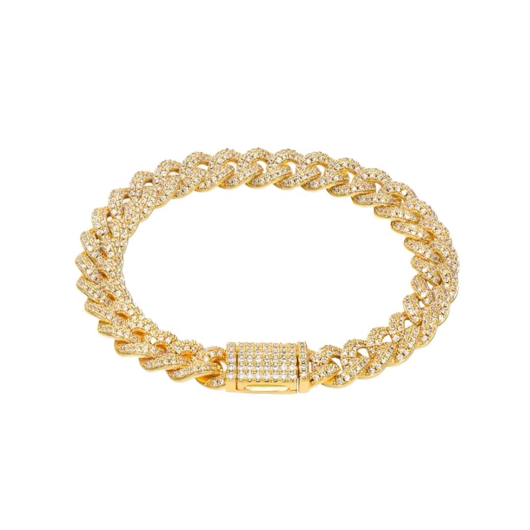 Stunning Iced Cuban Link Bracelet crafted in 18K Gold with 8MM links, featuring intricate detailing and sparkling gemstones for a luxurious and eye-catching accessory.