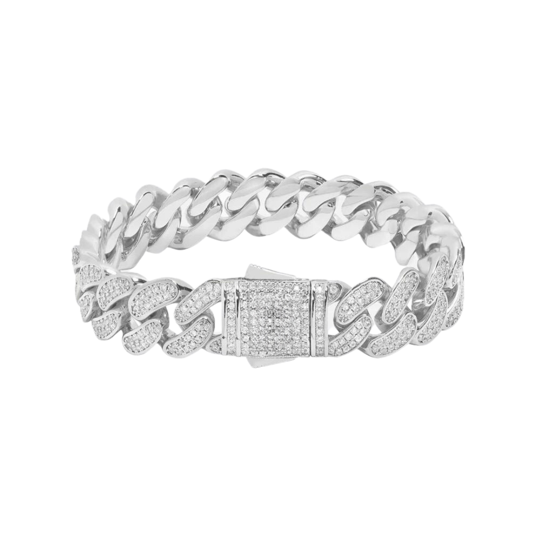 Stunning Iced Cuban Link Bracelet crafted in White Gold with 12MM links, featuring intricate detailing and sparkling gemstones for a bold and luxurious design.