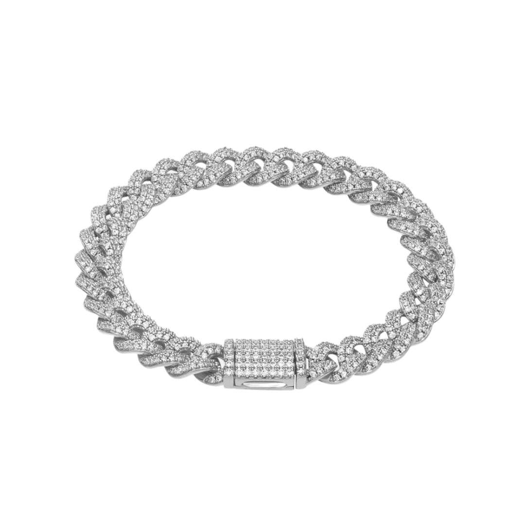 Elegant Iced Cuban Link Bracelet crafted in White Gold with 8MM links, featuring intricate detailing and sparkling gemstones for a luxurious and eye-catching design.