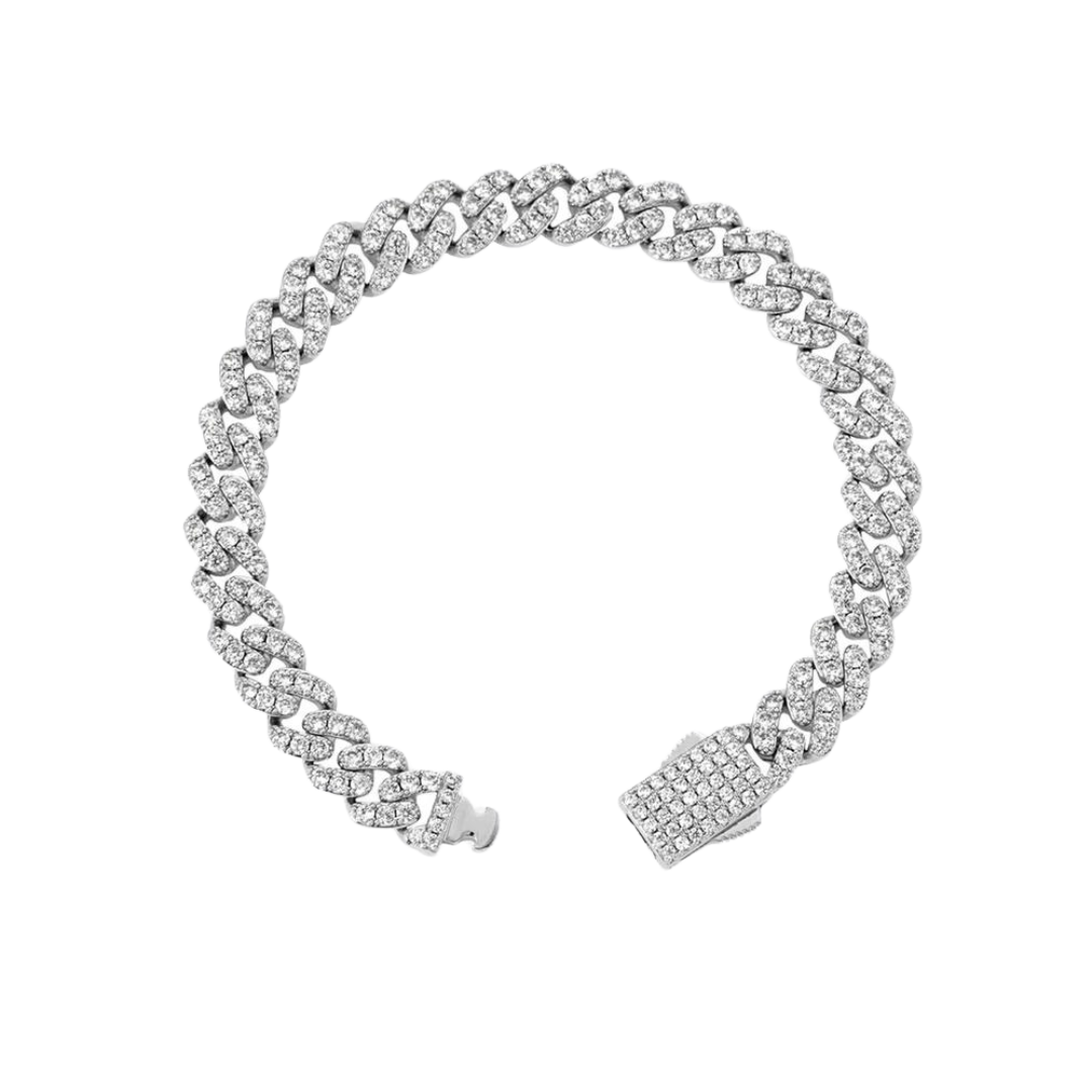 Elegant Iced Cuban Link Bracelet crafted in White Gold with 9MM links, featuring intricate detailing and sparkling gemstones for a sophisticated and eye-catching design.