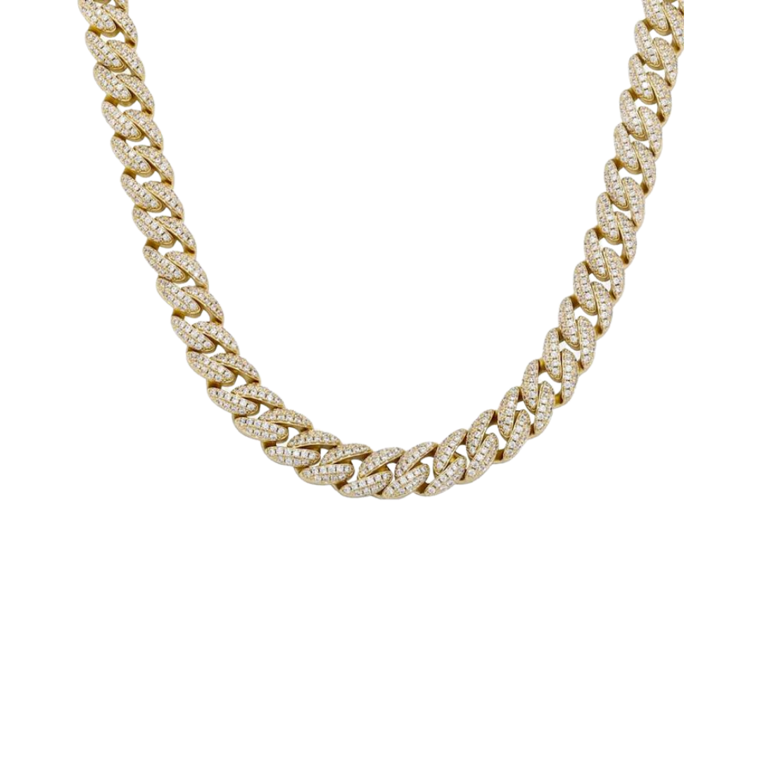 Stunning Iced Cuban Link Chain crafted in 18K Gold with 10MM links, featuring intricate detailing and sparkling gemstones for a bold and luxurious statement piece.