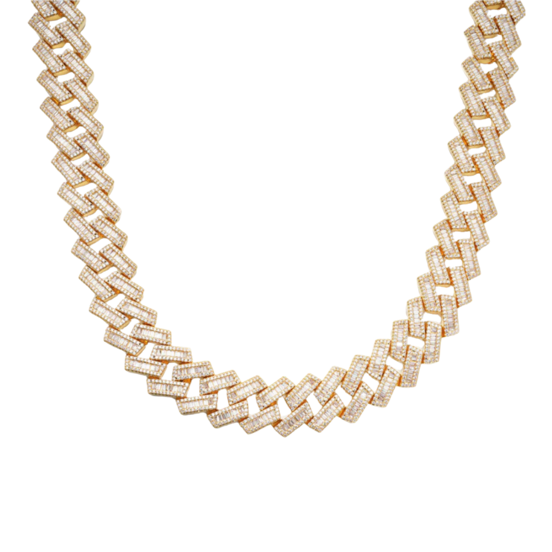 Exquisite Iced Cuban Link Chain crafted in 18K Gold with 17MM links, featuring intricate detailing and sparkling gemstones for an opulent and eye-catching statement piece.