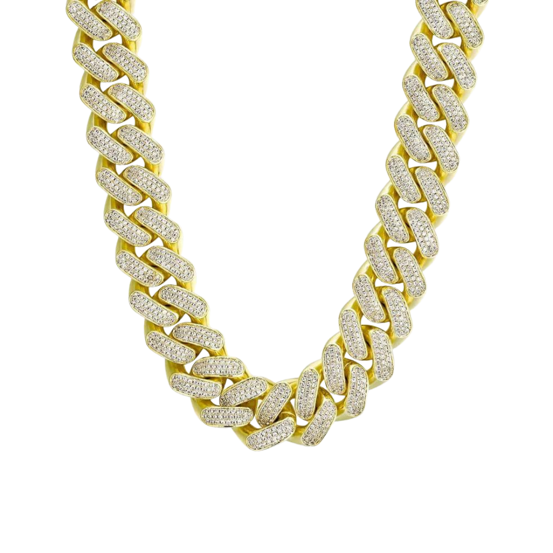 Majestic Iced Cuban Link Chain crafted in 18K Gold with 20MM links, featuring exceptional detailing and sparkling gemstones for a truly luxurious and eye-catching statement piece.