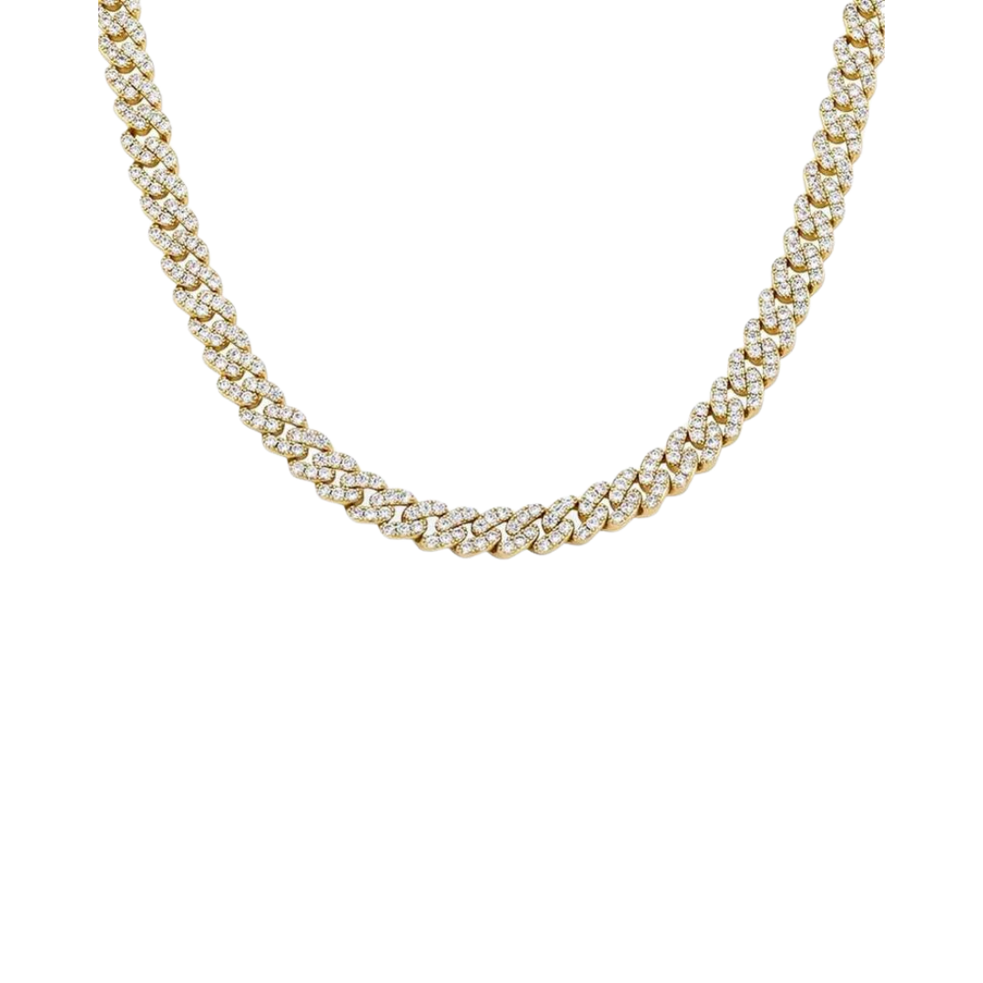 Elegant Iced Cuban Link Chain crafted in 18K Gold with 8MM links, featuring intricate detailing and sparkling gemstones for a refined and luxurious statement piece.