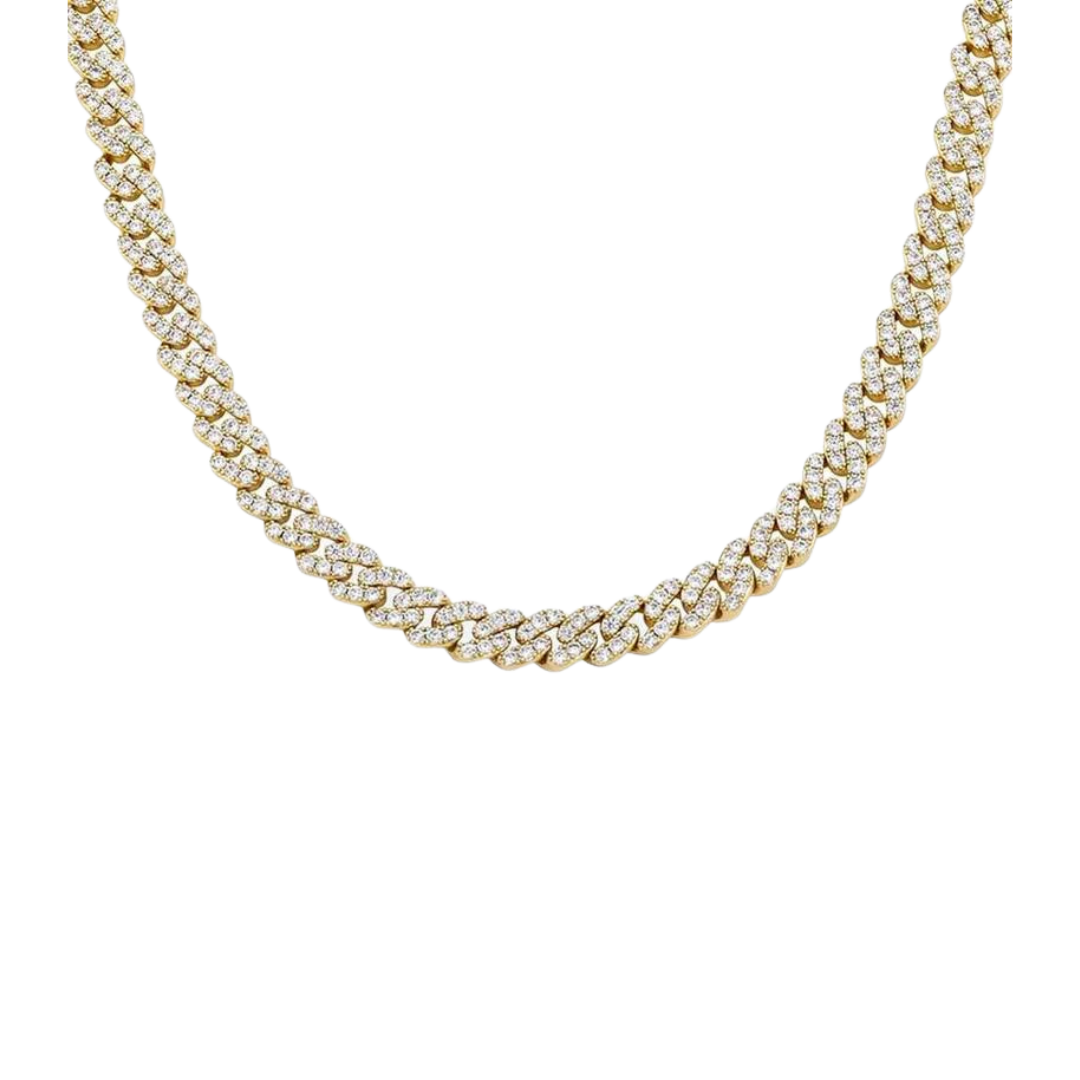 Stylish Iced Cuban Link Chain crafted in 18K Gold with 9MM links, featuring intricate detailing and dazzling gemstones for a sophisticated and luxurious statement piece.