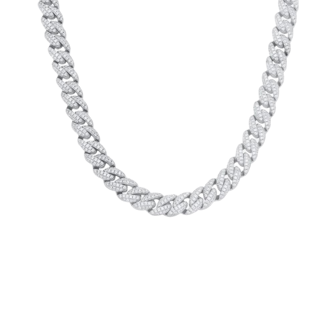 Stunning Iced Cuban Link Chain crafted in White Gold with 10MM links, featuring intricate detailing and sparkling gemstones for a bold and luxurious statement piece.