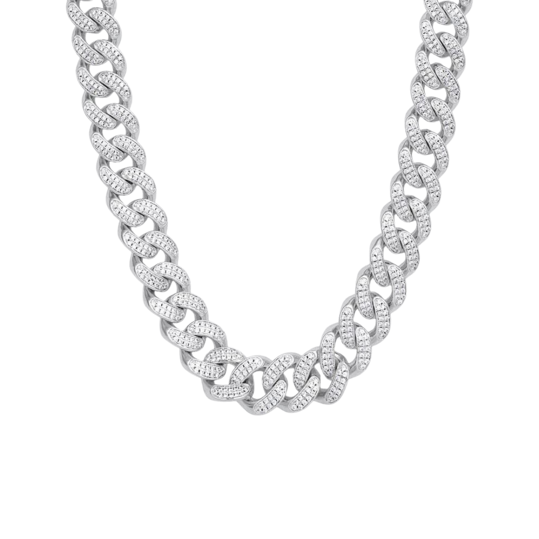 Bold Iced Cuban Link Chain crafted in White Gold with 12MM links, featuring intricate detailing and sparkling gemstones for a luxurious and eye-catching statement piece.