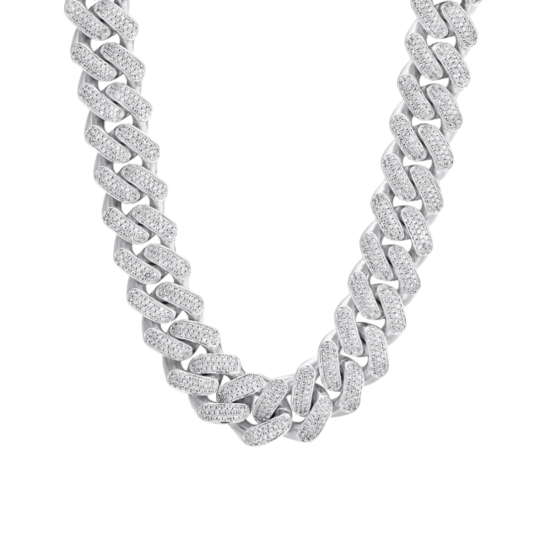 Majestic Iced Cuban Link Chain crafted in White Gold with 20MM links, featuring exceptional detailing and dazzling gemstones for a truly luxurious and eye-catching statement piece.