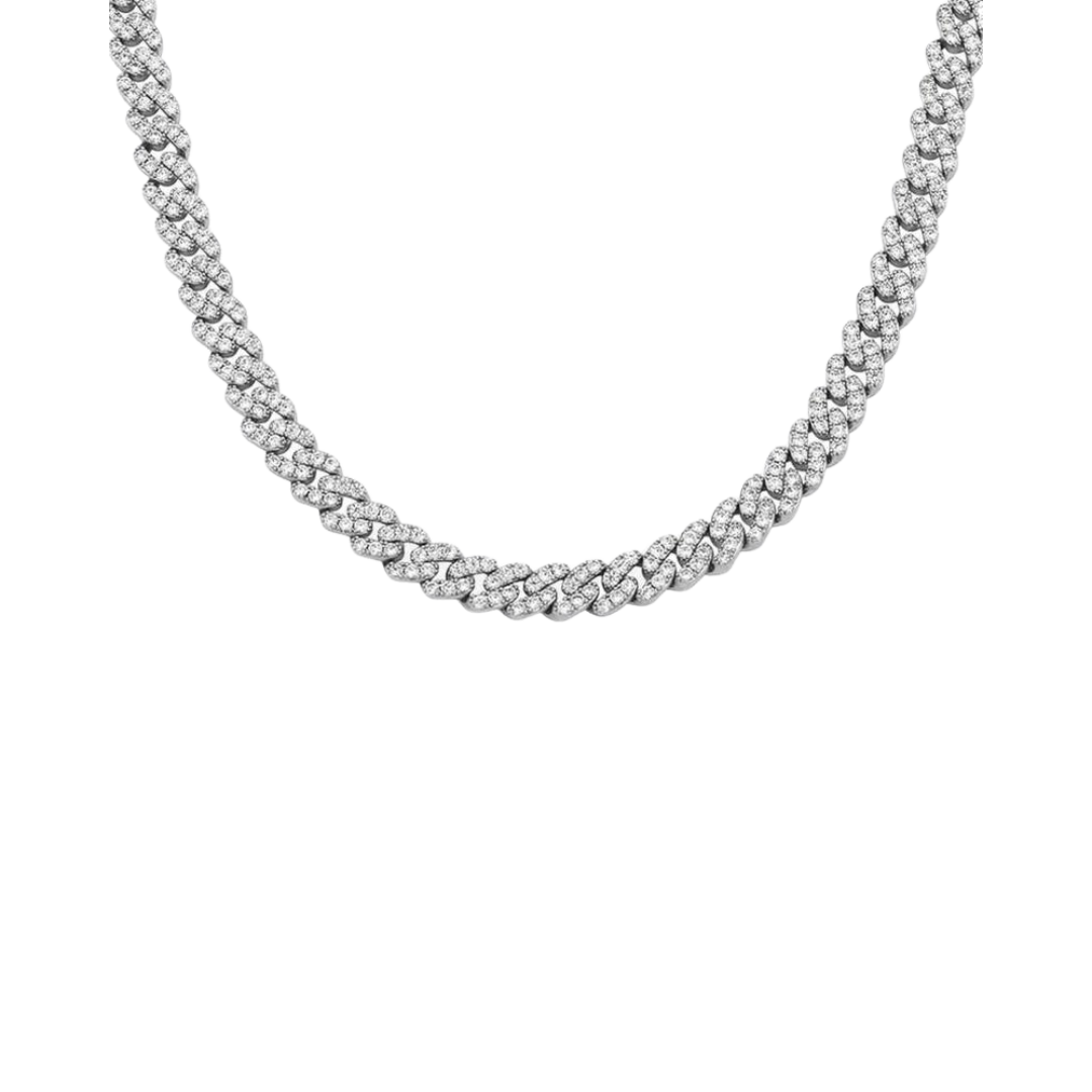 Sleek Iced Cuban Link Chain crafted in White Gold with 8MM links, featuring elegant detailing and sparkling gemstones for a refined and luxurious statement piece.