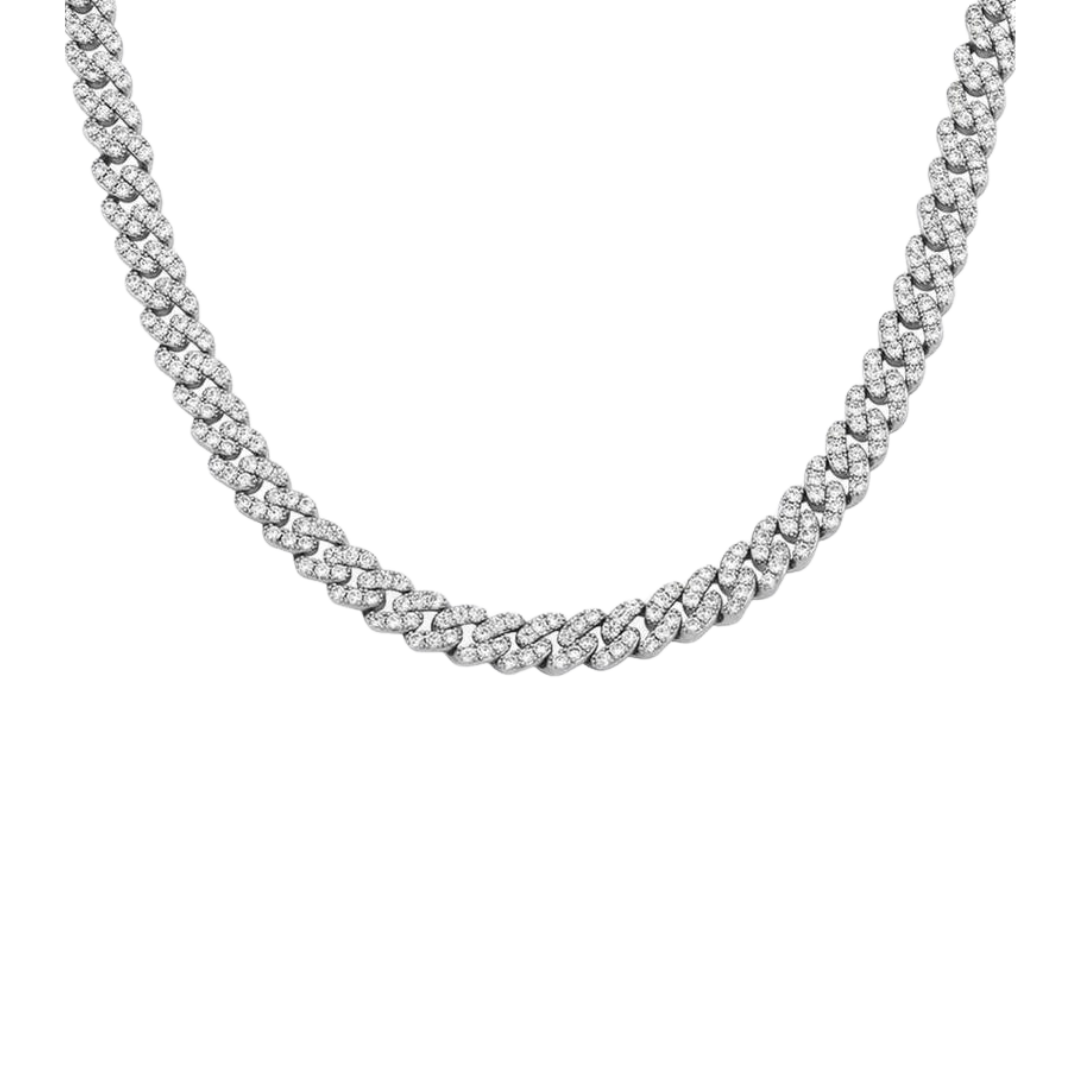 Refined Iced Cuban Link Chain crafted in White Gold with 9MM links, featuring intricate detailing and dazzling gemstones for a sophisticated and luxurious statement piece.