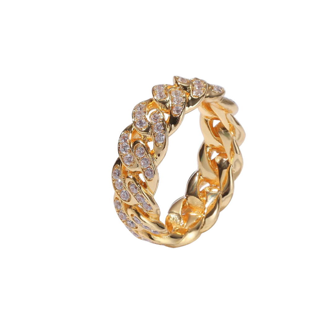 Bold Iced Cuban Link Ring crafted in 18K Gold, featuring a distinctive design with dazzling gemstones for a luxurious and eye-catching statement piece.