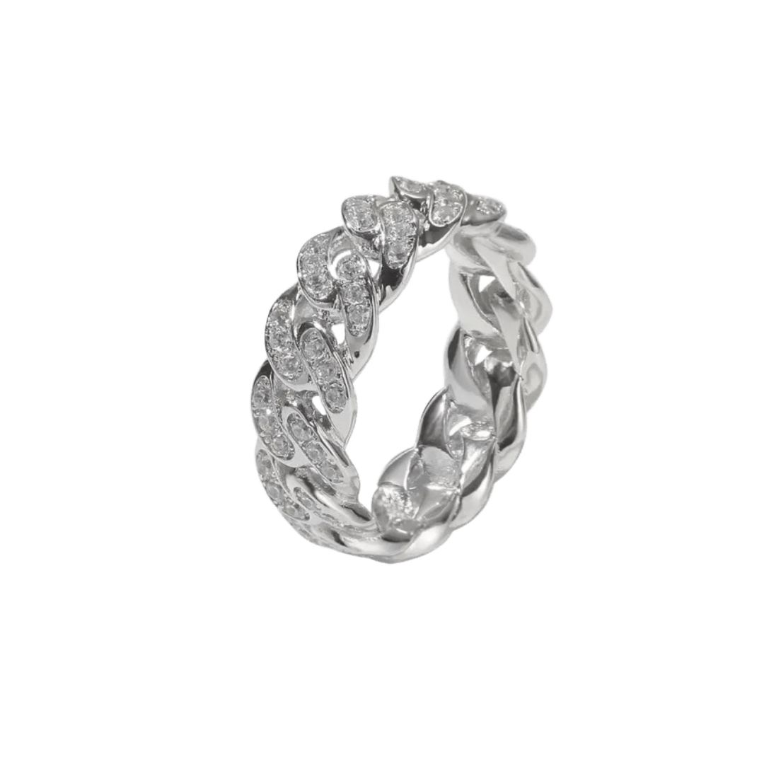 Elegant Iced Cuban Link Ring crafted in White Gold, featuring a unique design with dazzling gemstones for a sophisticated and luxurious statement piece.