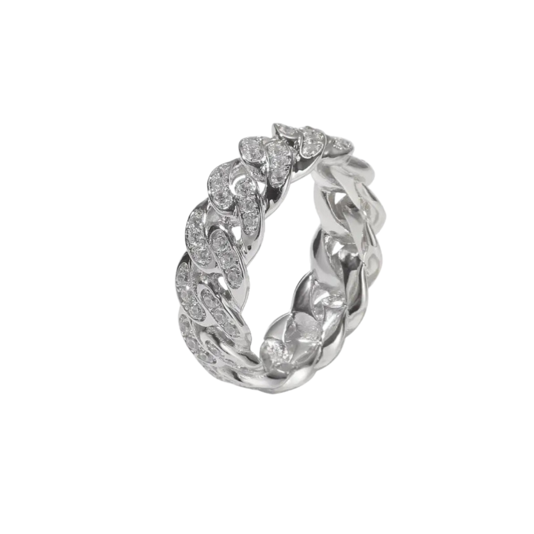 Elegant Iced Cuban Link Ring crafted in White Gold, featuring a unique design with dazzling gemstones for a sophisticated and luxurious statement piece.