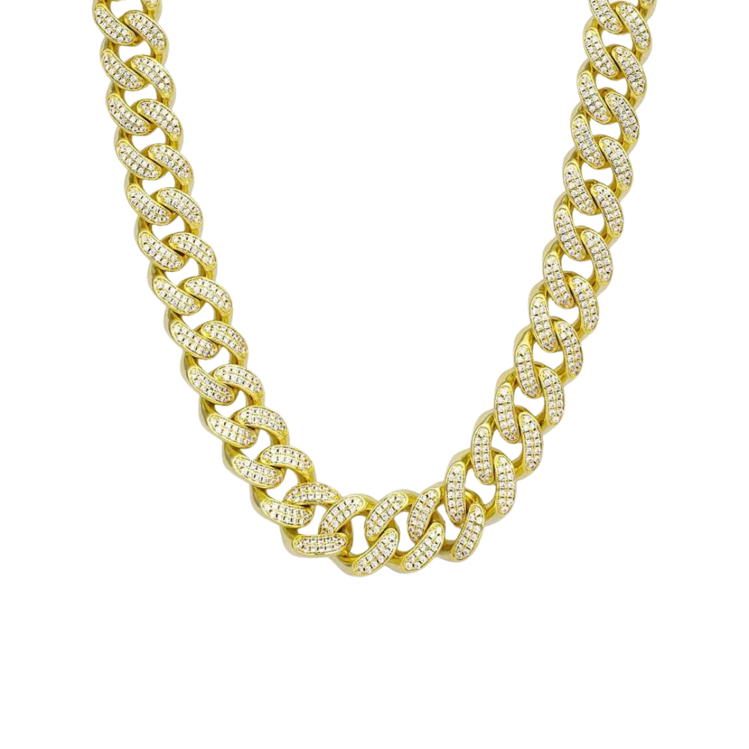 Stunning Iced Cuban Link Chain crafted in 18K Gold with 10MM links, featuring intricate detailing and sparkling gemstones for a bold and luxurious statement piece.