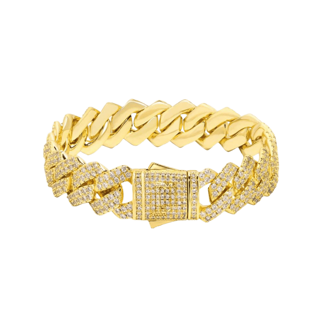 Luxurious Iced Prong Bracelet crafted in 18K Gold with 13MM links, featuring prong-set dazzling gemstones for a high-impact and sophisticated statement piece.